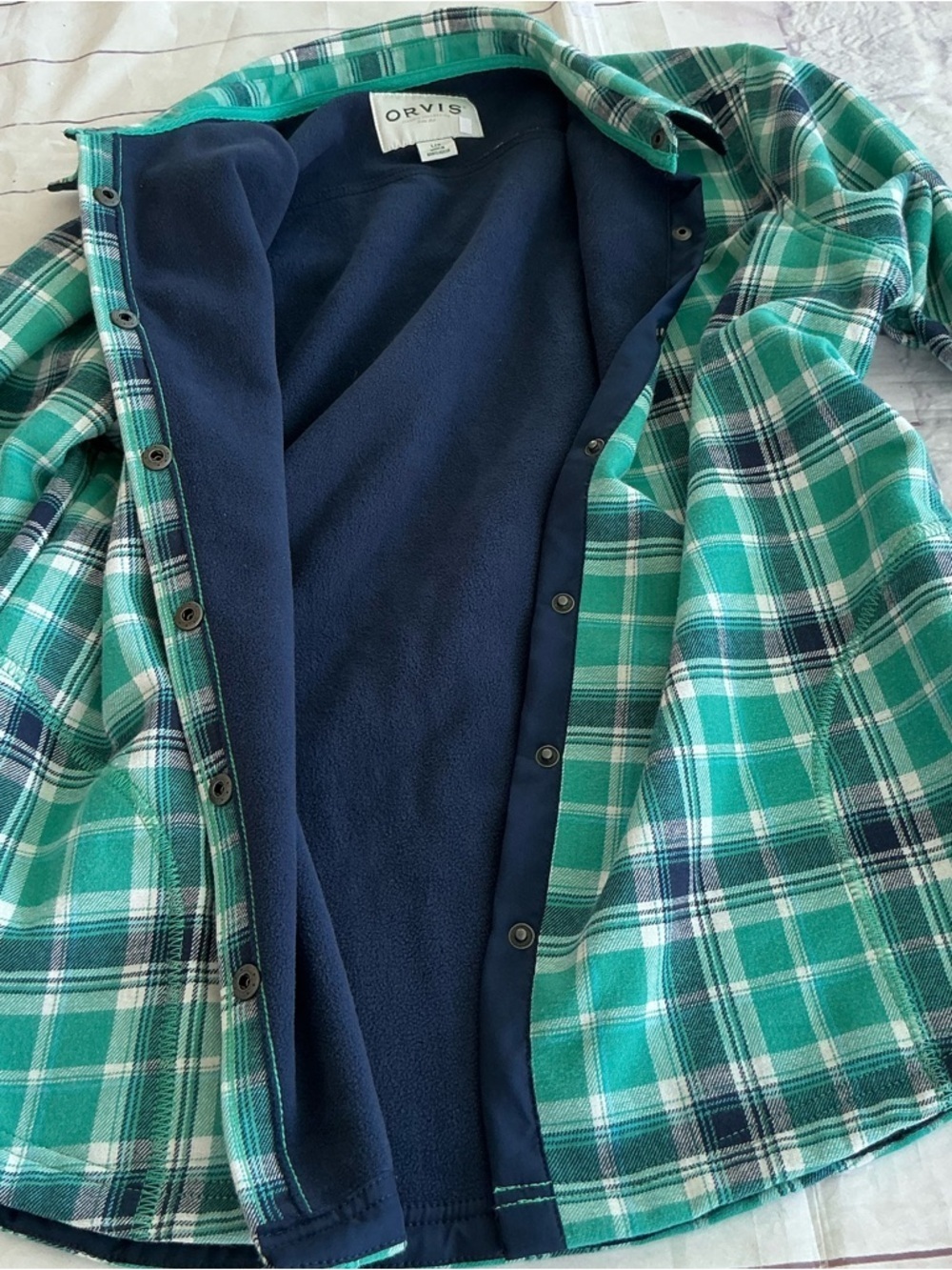 Orvis Women’s Fleece Lined Flannel Shirt lGreen Plaid Snap Button Pockets Size L - Picture 8 of 11